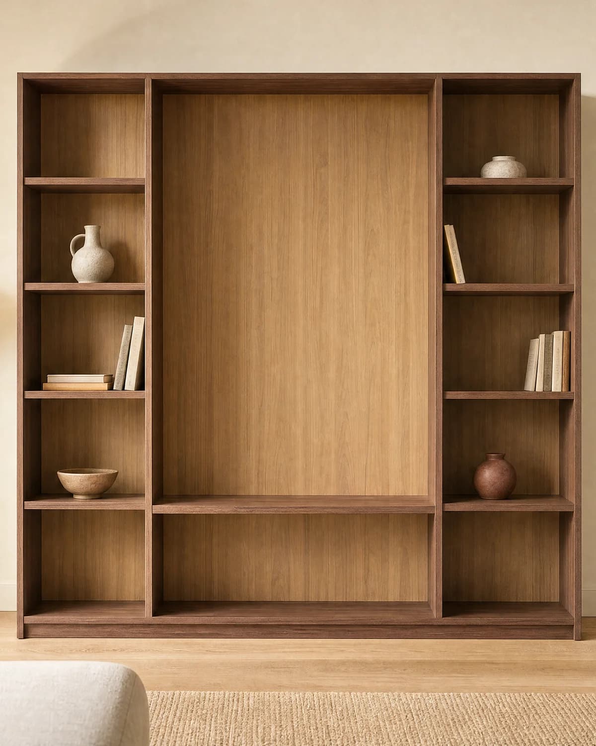 Render fotorrealista del librero en nogal con objetos decorativos, en una sala