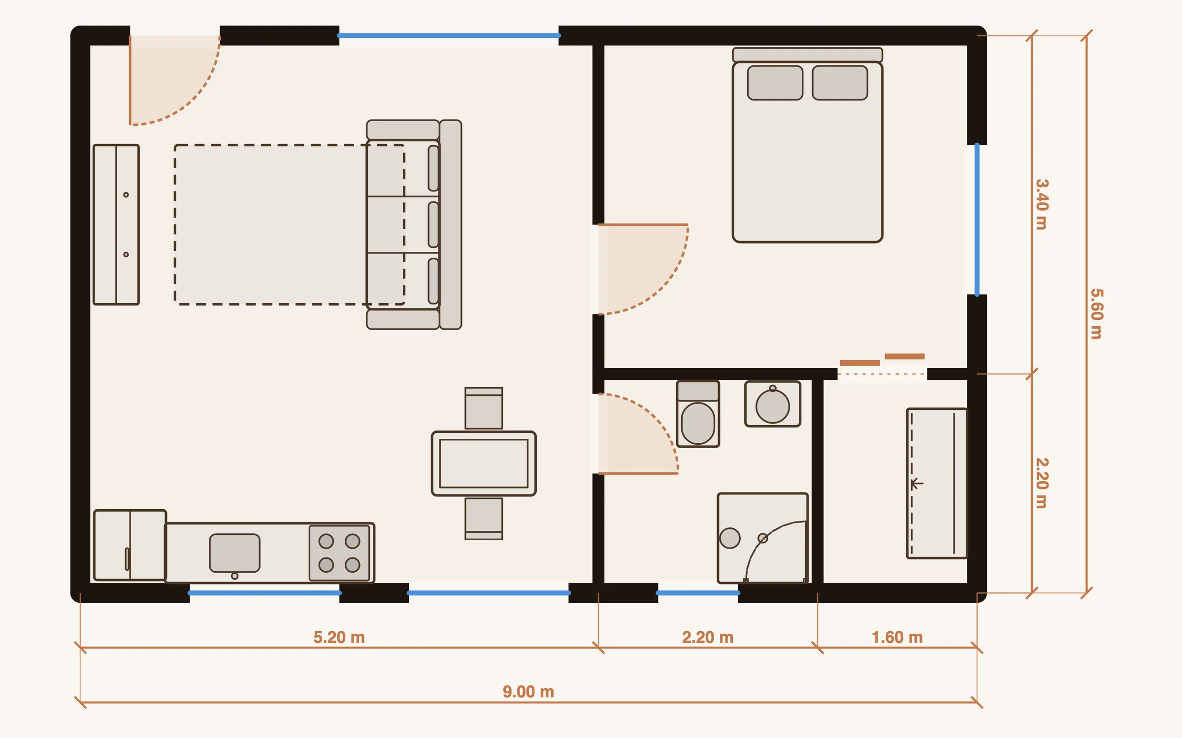 Plano en línea de un departamento de una recámara, con cotas